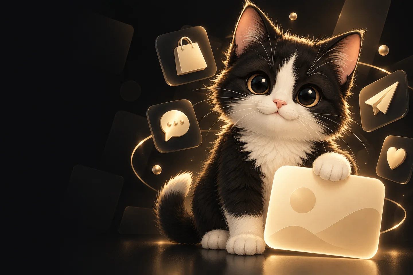 Фирменный кот Meowx рядом с цифровыми товарами